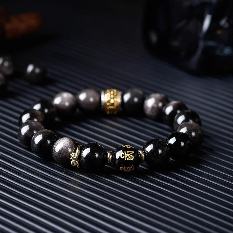 Silver Sheen Obsidian & Tiger Eye Om Mani Padme Hum Mantra Beaded Bracelet