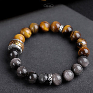 Silver Sheen Obsidian & Tiger Eye Om Mani Padme Hum Mantra Beaded Bracelet
