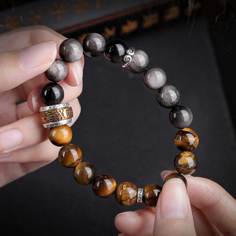 Silver Sheen Obsidian & Tiger Eye Om Mani Padme Hum Mantra Beaded Bracelet