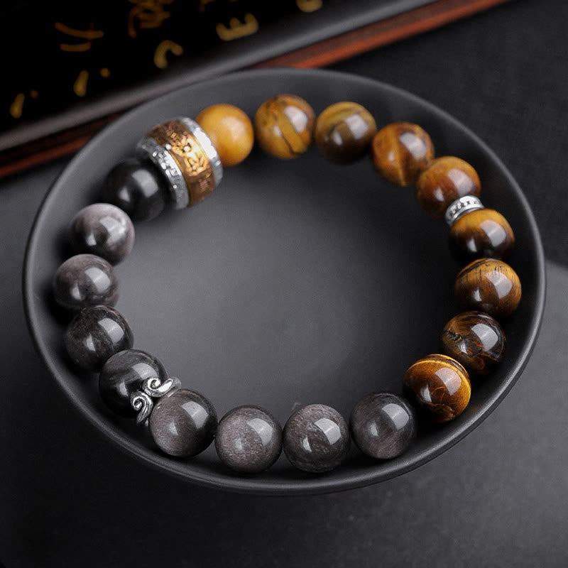 Silver Sheen Obsidian & Tiger Eye Om Mani Padme Hum Mantra Beaded Bracelet
