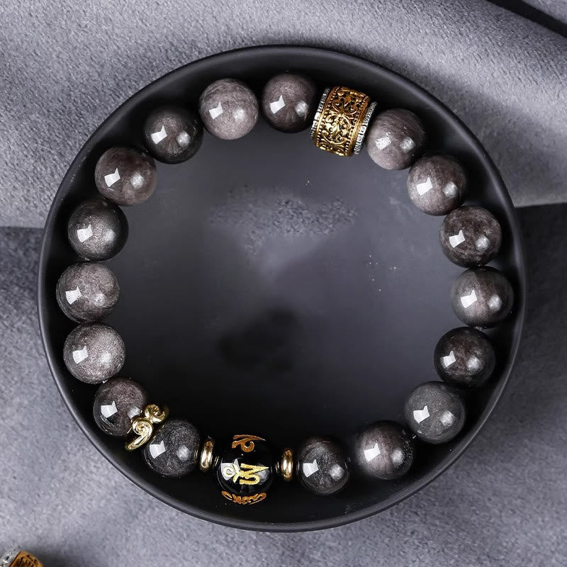 Silver Sheen Obsidian & Tiger Eye Om Mani Padme Hum Mantra Beaded Bracelet