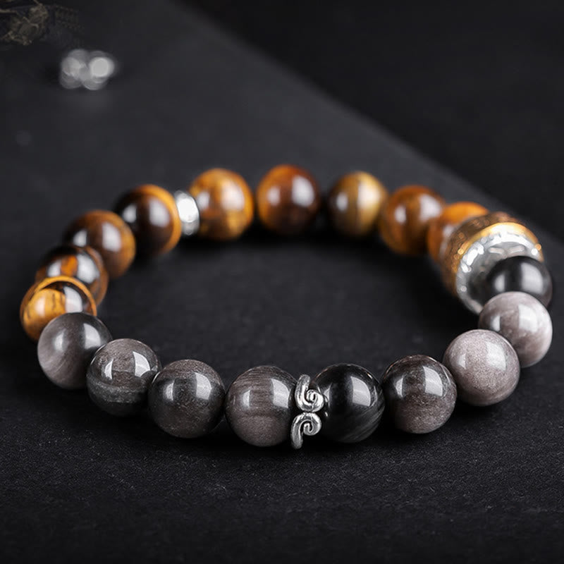 Silver Sheen Obsidian & Tiger Eye Om Mani Padme Hum Mantra Beaded Bracelet
