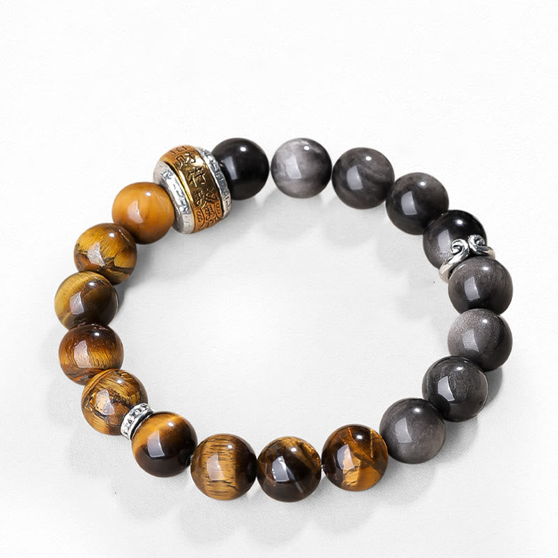 Silver Sheen Obsidian & Tiger Eye Om Mani Padme Hum Mantra Beaded Bracelet