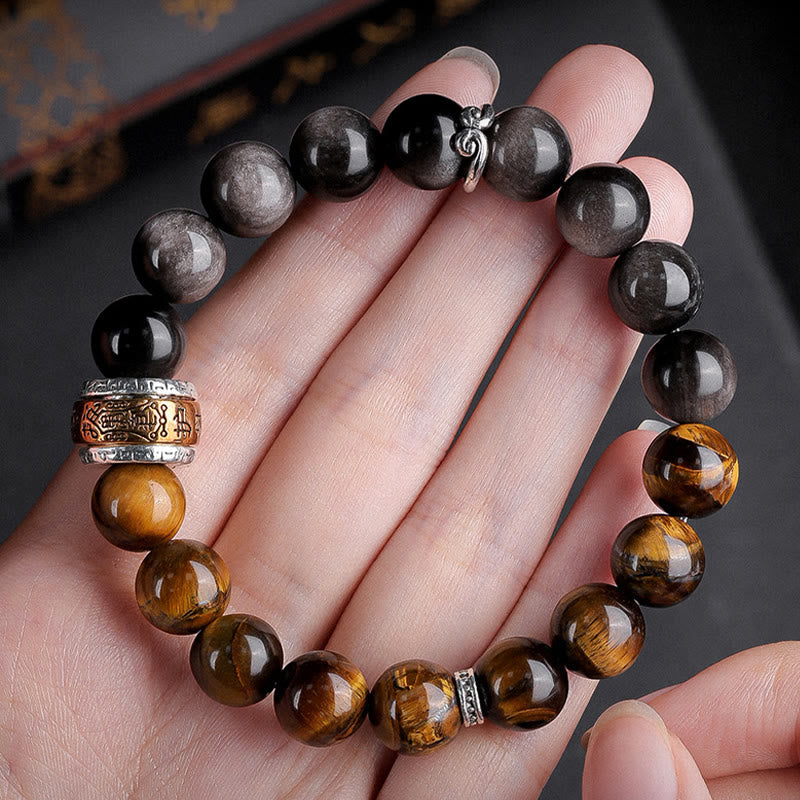 Silver Sheen Obsidian & Tiger Eye Om Mani Padme Hum Mantra Beaded Bracelet