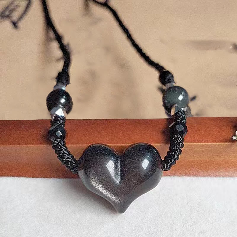 Natural Silver Sheen Obsidian Heart Protection Necklace Pendant