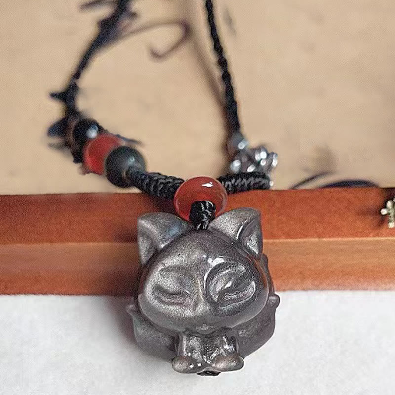 Natural Silver Sheen Obsidian Nine Tailed Fox Protection Necklace Pendant