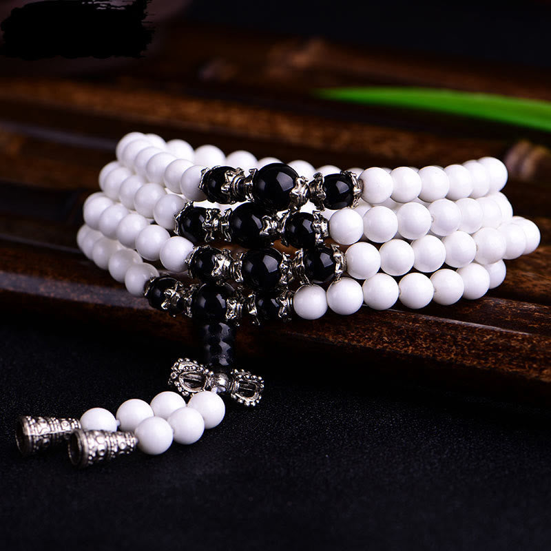 108 Mala Beads White Porcelain Six True Words 'Om Mani Padme Hum' Patience Bracelet
