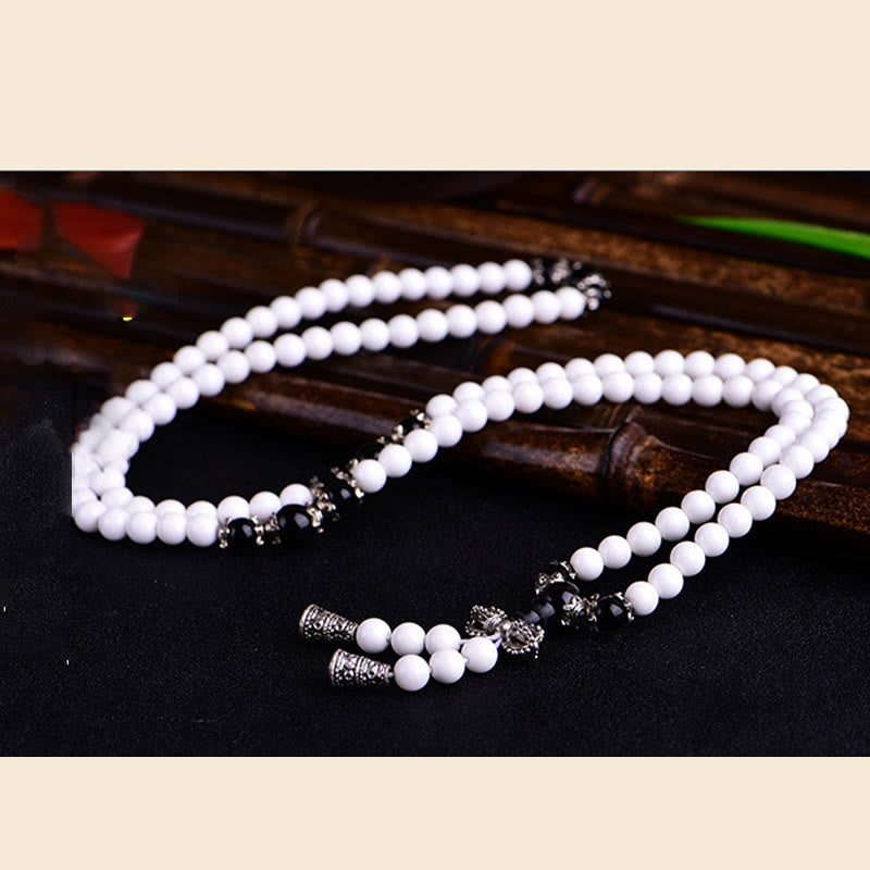 108 Mala Beads White Porcelain Six True Words 'Om Mani Padme Hum' Patience Bracelet