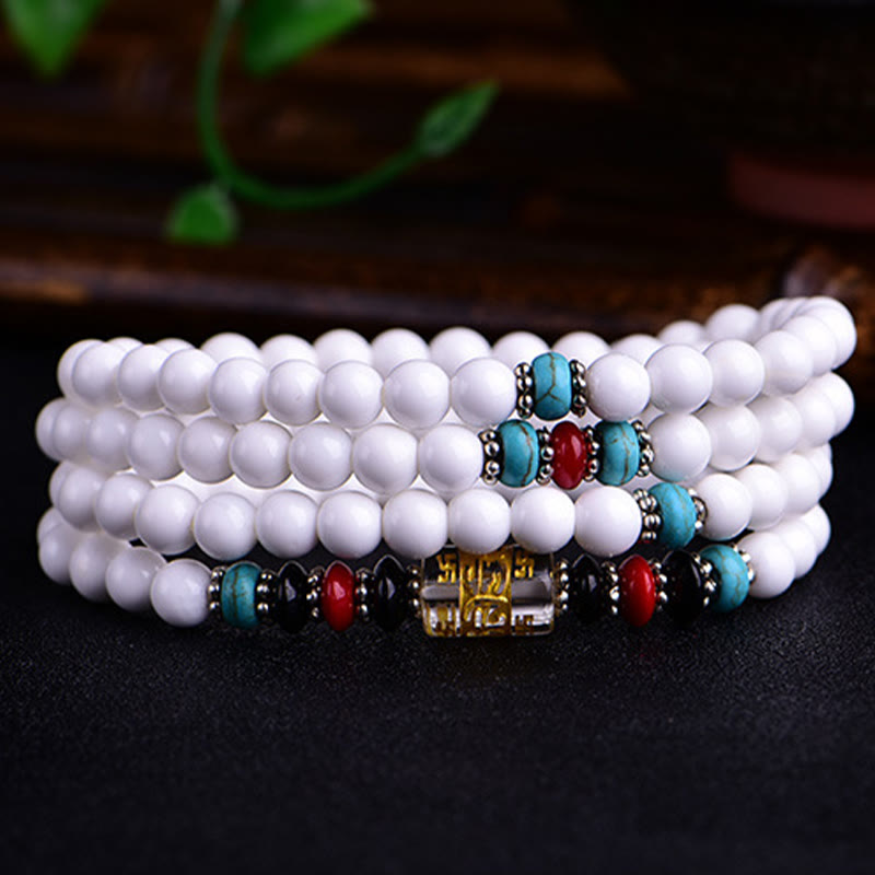 108 Mala Beads White Porcelain Six True Words 'Om Mani Padme Hum' Patience Bracelet