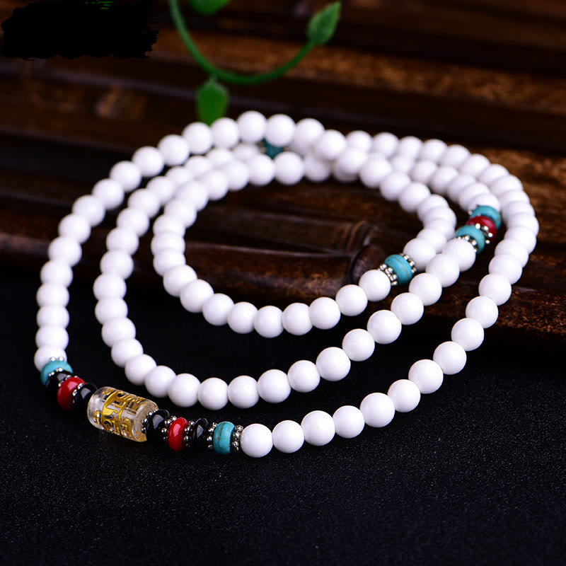 108 Mala Beads White Porcelain Six True Words 'Om Mani Padme Hum' Patience Bracelet