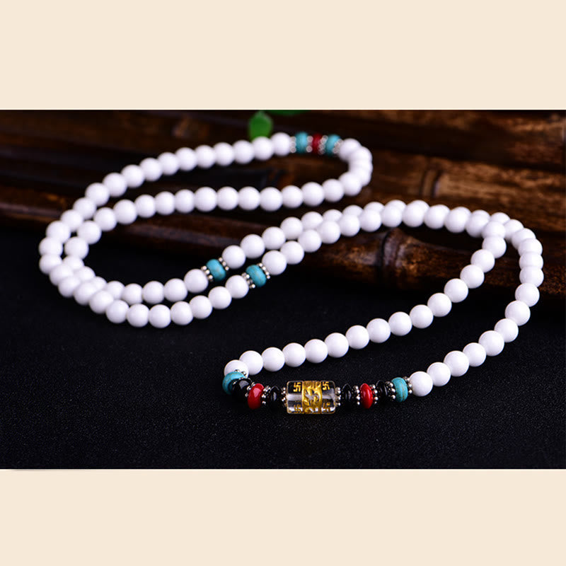 108 Mala Beads White Porcelain Six True Words 'Om Mani Padme Hum' Patience Bracelet