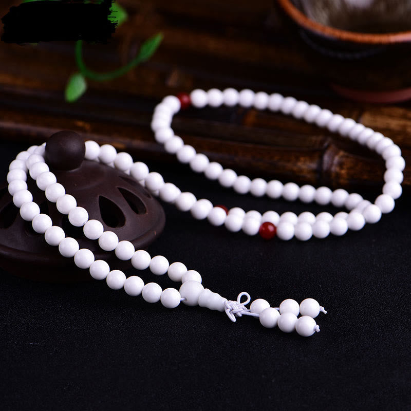 108 Mala Beads White Porcelain Six True Words 'Om Mani Padme Hum' Patience Bracelet