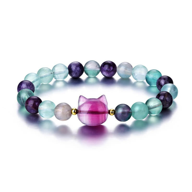 Amethyst Green Aventurine Rose Quartz Fluorite Cat Head Balance Luck Bracelet
