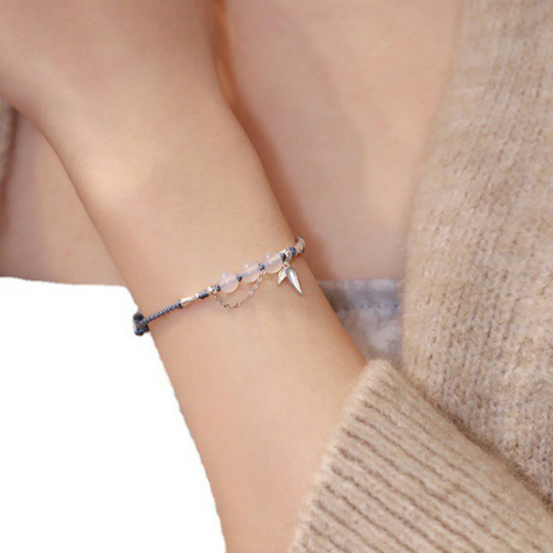 925 Sterling Silver Bamboo Leaves Hetian Jade Chalcedony Beads Blessing Braided Bracelet