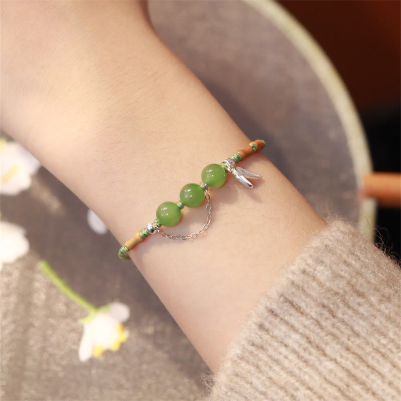 925 Sterling Silver Bamboo Leaves Hetian Jade Chalcedony Beads Blessing Braided Bracelet