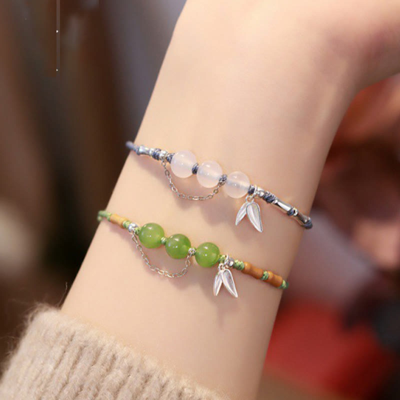 925 Sterling Silver Bamboo Leaves Hetian Jade Chalcedony Beads Blessing Braided Bracelet