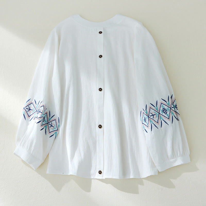 Geometry Embroidery Long Sleeve Button Cotton Linen Women's Shirts