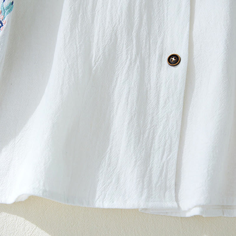 Geometry Embroidery Long Sleeve Button Cotton Linen Women's Shirts
