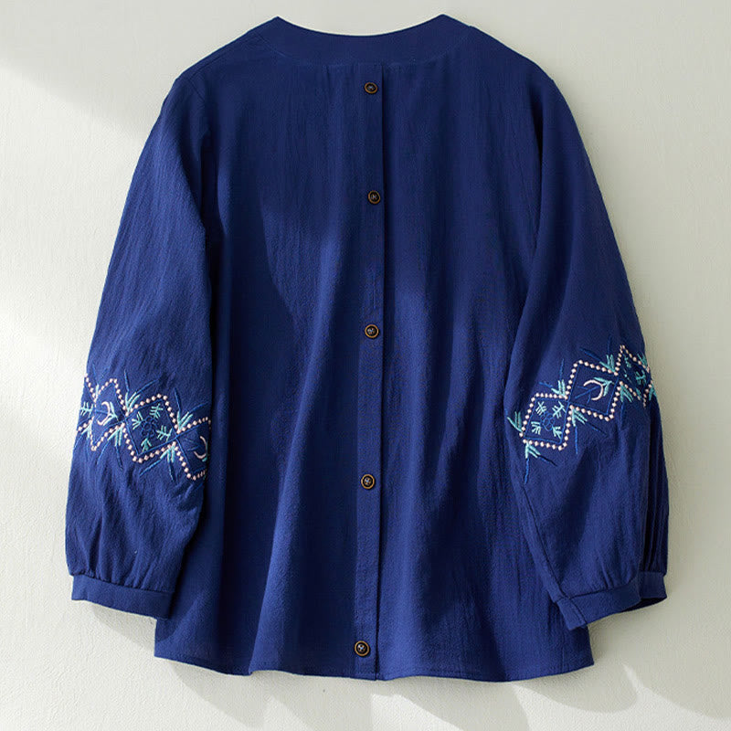 Geometry Embroidery Long Sleeve Button Cotton Linen Women's Shirts