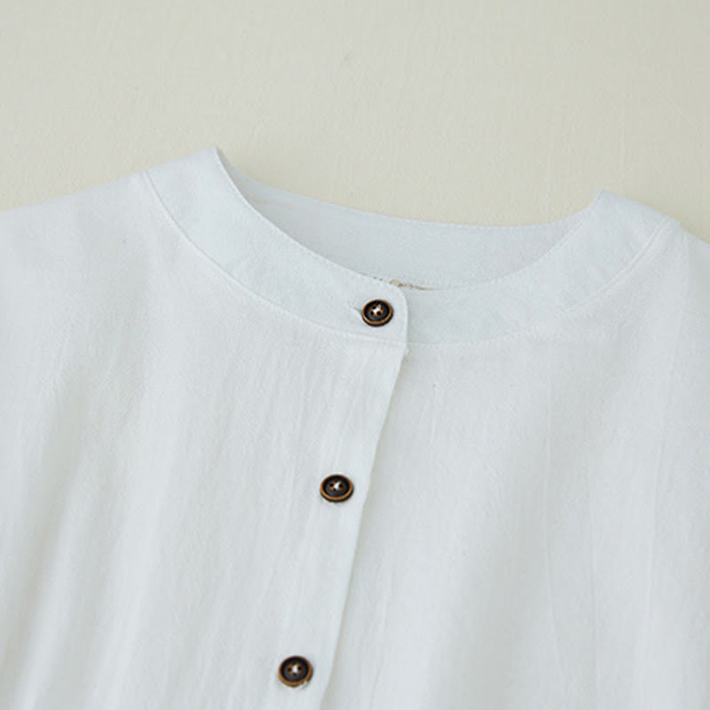 Geometry Embroidery Long Sleeve Button Cotton Linen Women's Shirts