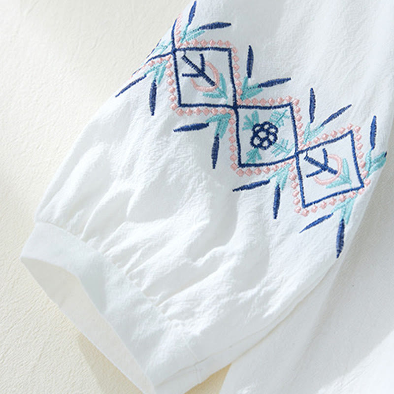 Geometry Embroidery Long Sleeve Button Cotton Linen Women's Shirts