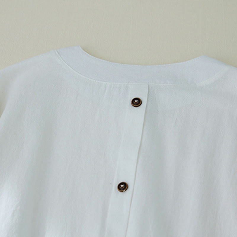 Geometry Embroidery Long Sleeve Button Cotton Linen Women's Shirts