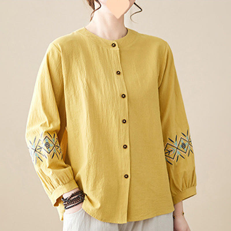 Geometry Embroidery Long Sleeve Button Cotton Linen Women's Shirts