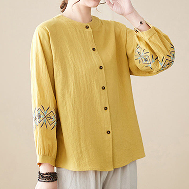 Geometry Embroidery Long Sleeve Button Cotton Linen Women's Shirts