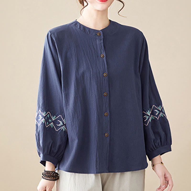 Geometry Embroidery Long Sleeve Button Cotton Linen Women's Shirts