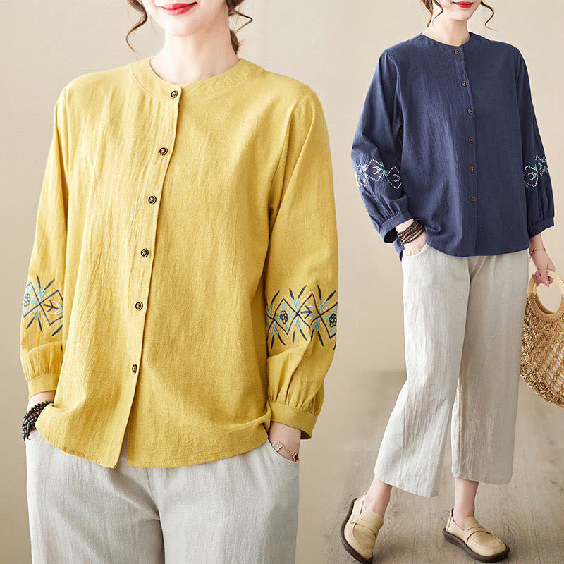 Geometry Embroidery Long Sleeve Button Cotton Linen Women's Shirts