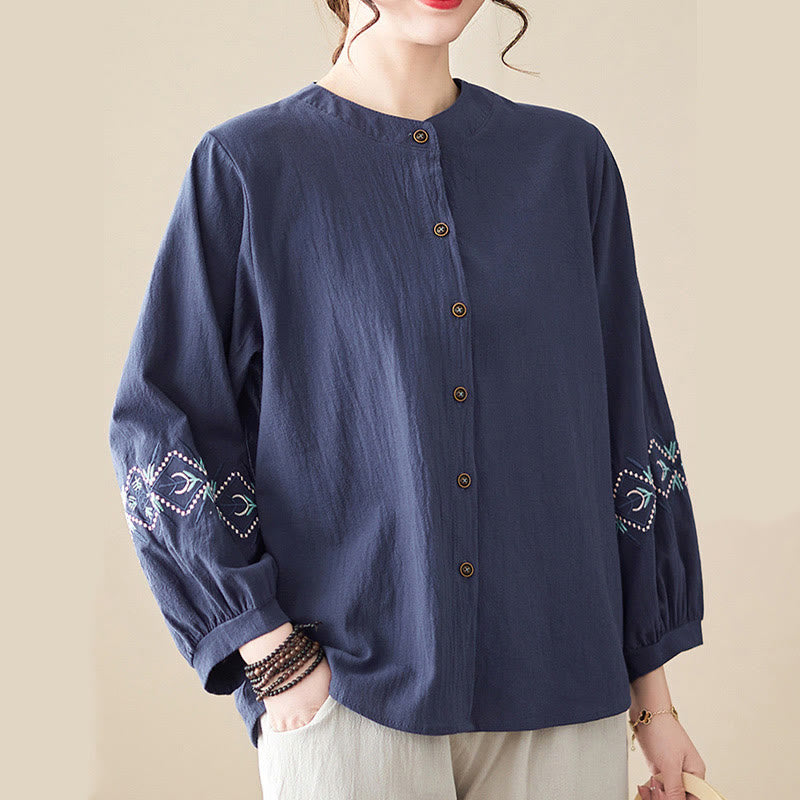 Geometry Embroidery Long Sleeve Button Cotton Linen Women's Shirts