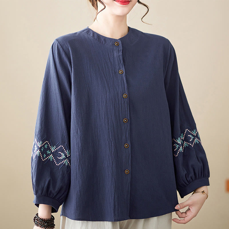 Geometry Embroidery Long Sleeve Button Cotton Linen Women's Shirts