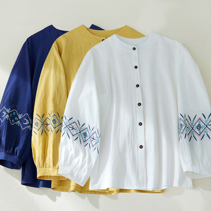 Geometry Embroidery Long Sleeve Button Cotton Linen Women's Shirts