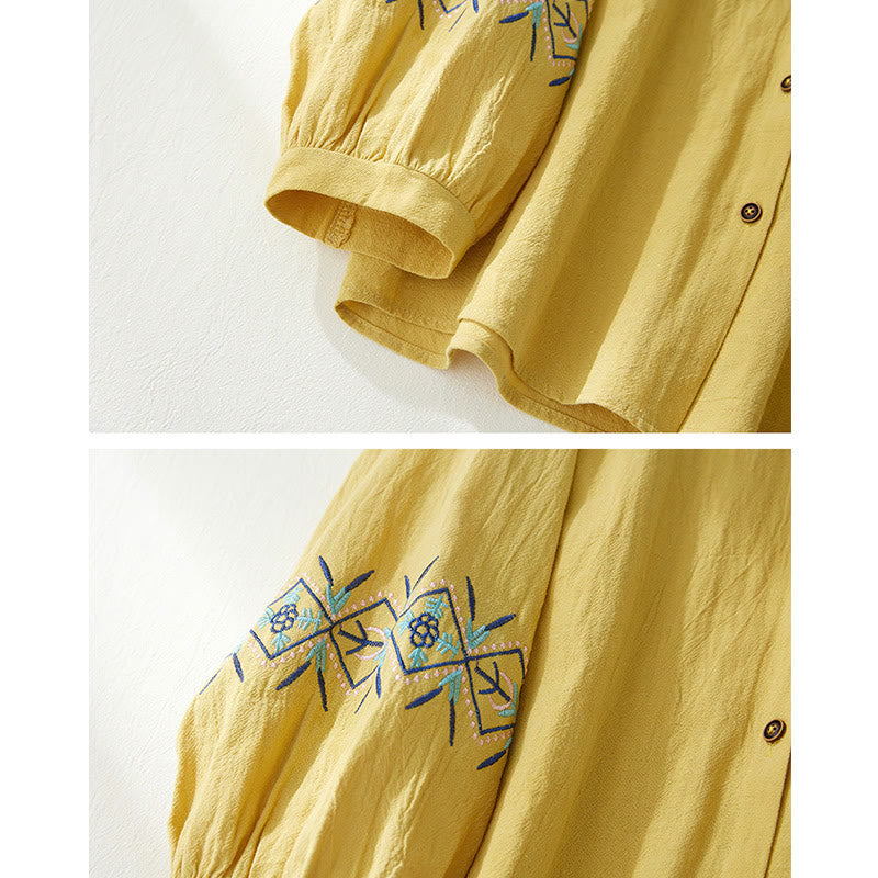 Geometry Embroidery Long Sleeve Button Cotton Linen Women's Shirts