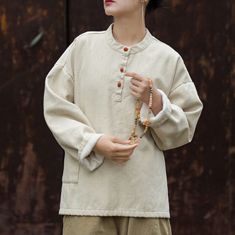 Ramie Linen Stand Collar Thermal Meditation Shirt