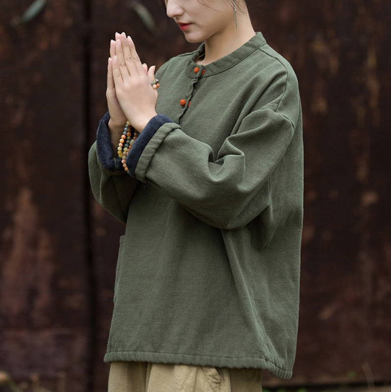 Ramie Linen Stand Collar Thermal Meditation Shirt