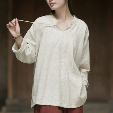 Retro Solid Color Long Sleeve Ramie Linen Women's Shirt