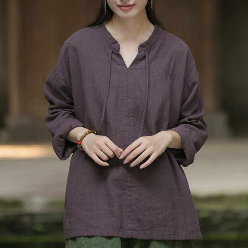 Retro Solid Color Long Sleeve Ramie Linen Women's Shirt