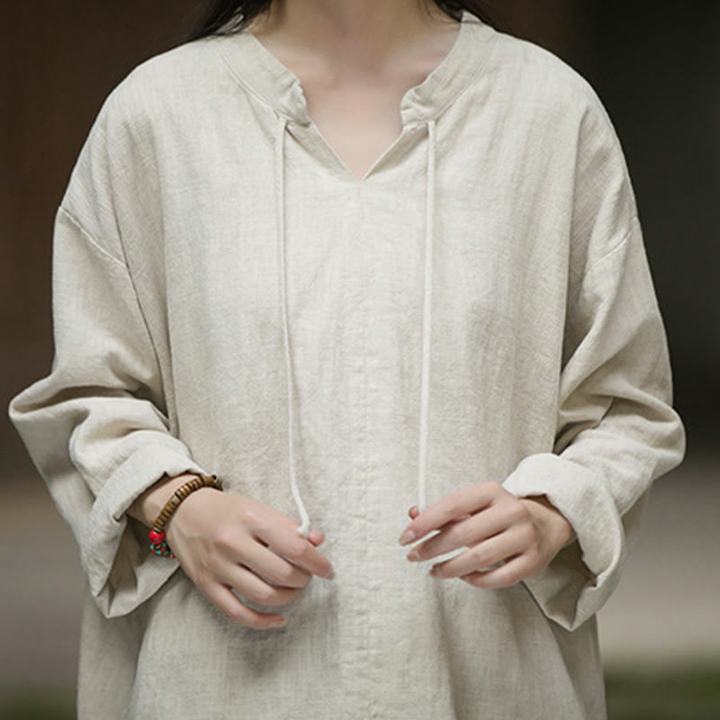 Retro Solid Color Long Sleeve Ramie Linen Women's Shirt