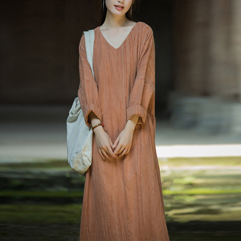 Solid Color Chinese V-neck Long Sleeve Ramie Linen Midi Dress