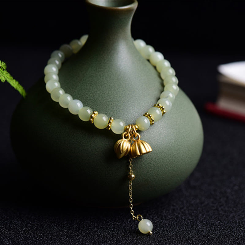 Natural Hetian Jade Lotus Luck Bracelet