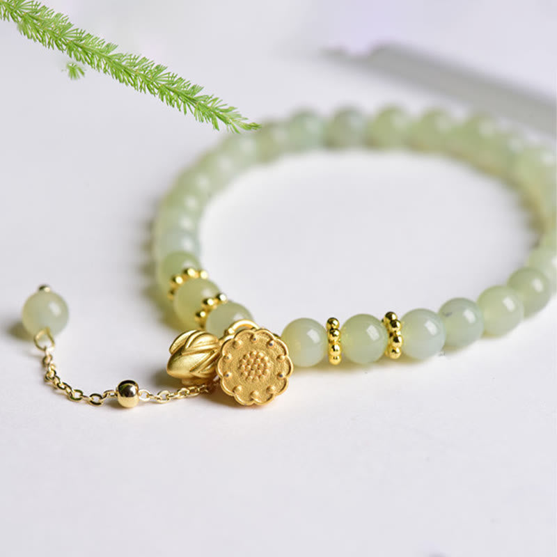 Natural Hetian Jade Lotus Luck Bracelet