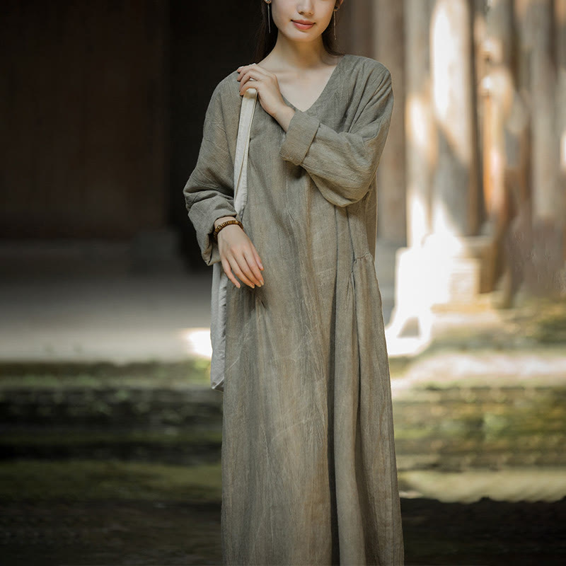 Solid Color Chinese V-neck Long Sleeve Ramie Linen Midi Dress