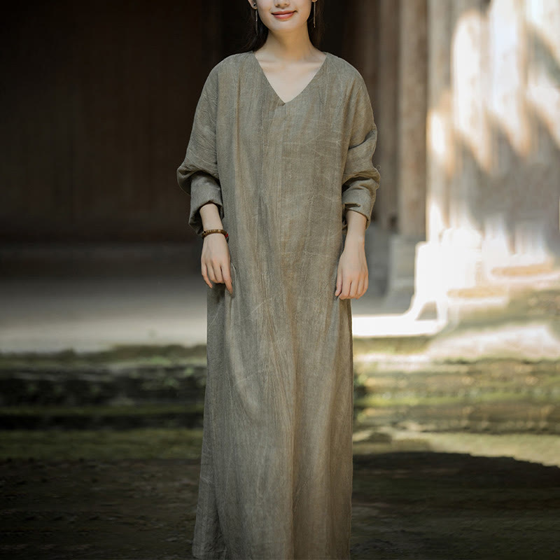 Solid Color Chinese V-neck Long Sleeve Ramie Linen Midi Dress