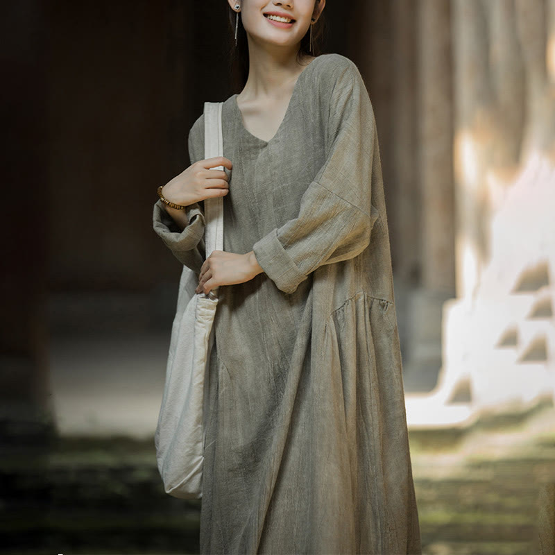 Solid Color Chinese V-neck Long Sleeve Ramie Linen Midi Dress