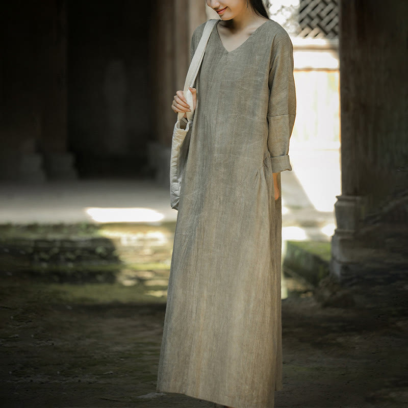 Solid Color Chinese V-neck Long Sleeve Ramie Linen Midi Dress
