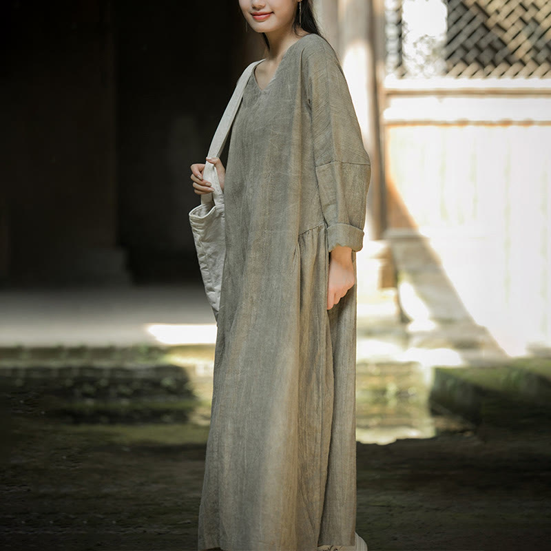 Solid Color Chinese V-neck Long Sleeve Ramie Linen Midi Dress