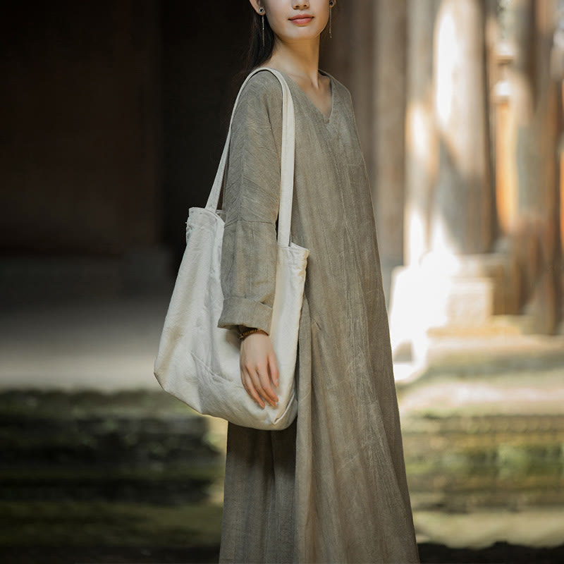 Solid Color Chinese V-neck Long Sleeve Ramie Linen Midi Dress