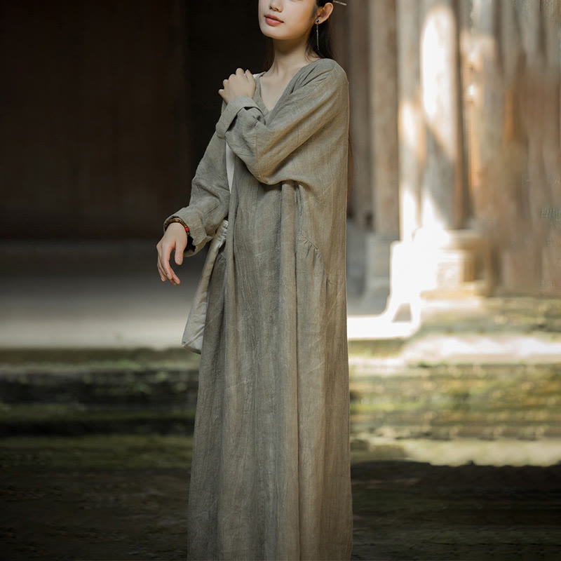 Solid Color Chinese V-neck Long Sleeve Ramie Linen Midi Dress