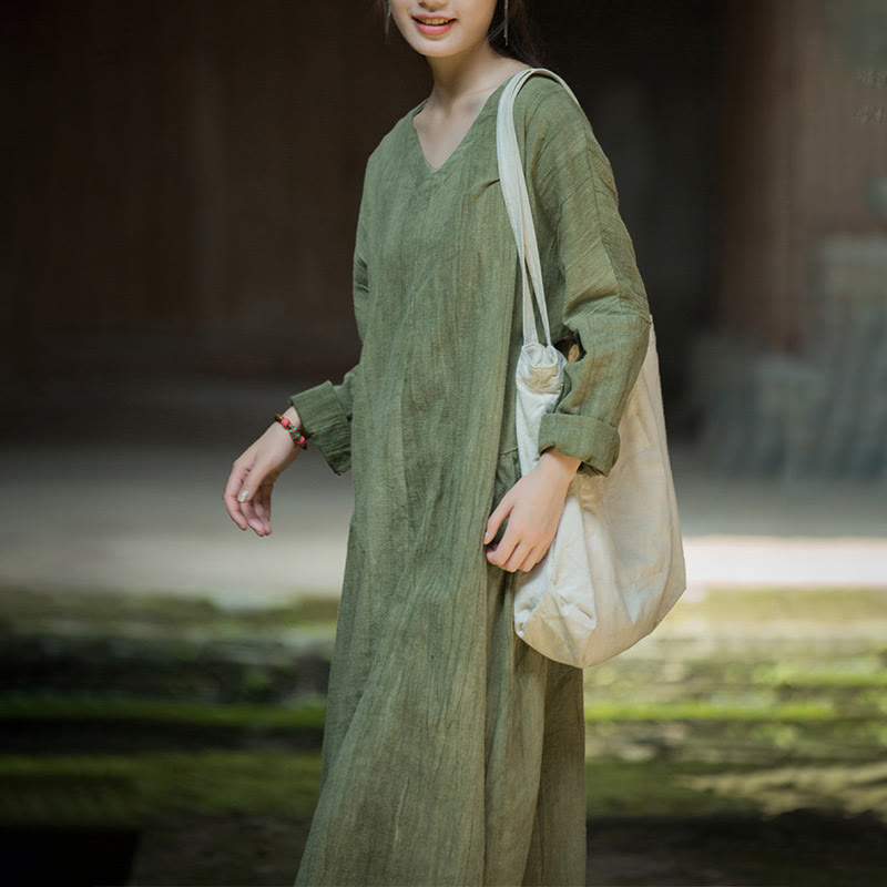 Solid Color Chinese V-neck Long Sleeve Ramie Linen Midi Dress